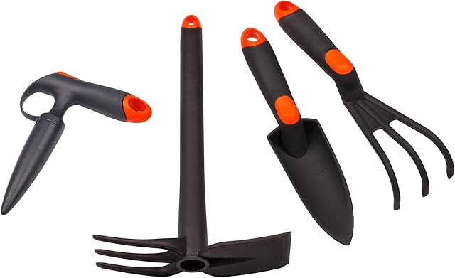 MIVOS MIVOS 4-teiliges Gartenwerkzeug-Set für Pflanzen und Gartenarbeit – Pflanzstock – Blumenkelle - Doppel-Hacke – Mini-Rech — Werkzeug-Sets