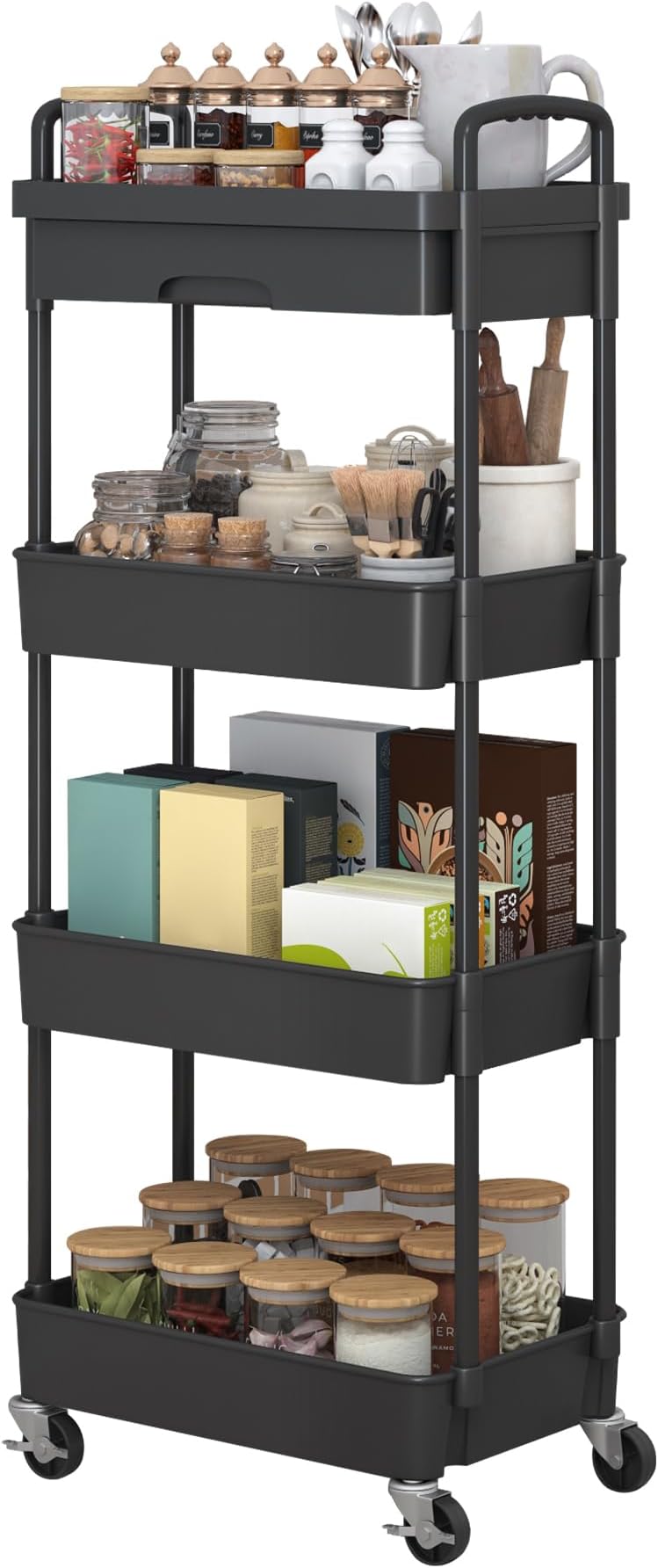 Dttwacoyh 4-Tier Rolling Utility Cart，Trolley with Drawer, Multifunctional Storage Organizer with Plastic Shelf & Metal Wheels, Storage Cart for Living Room, Kitchen, Office, Bathroom, Black