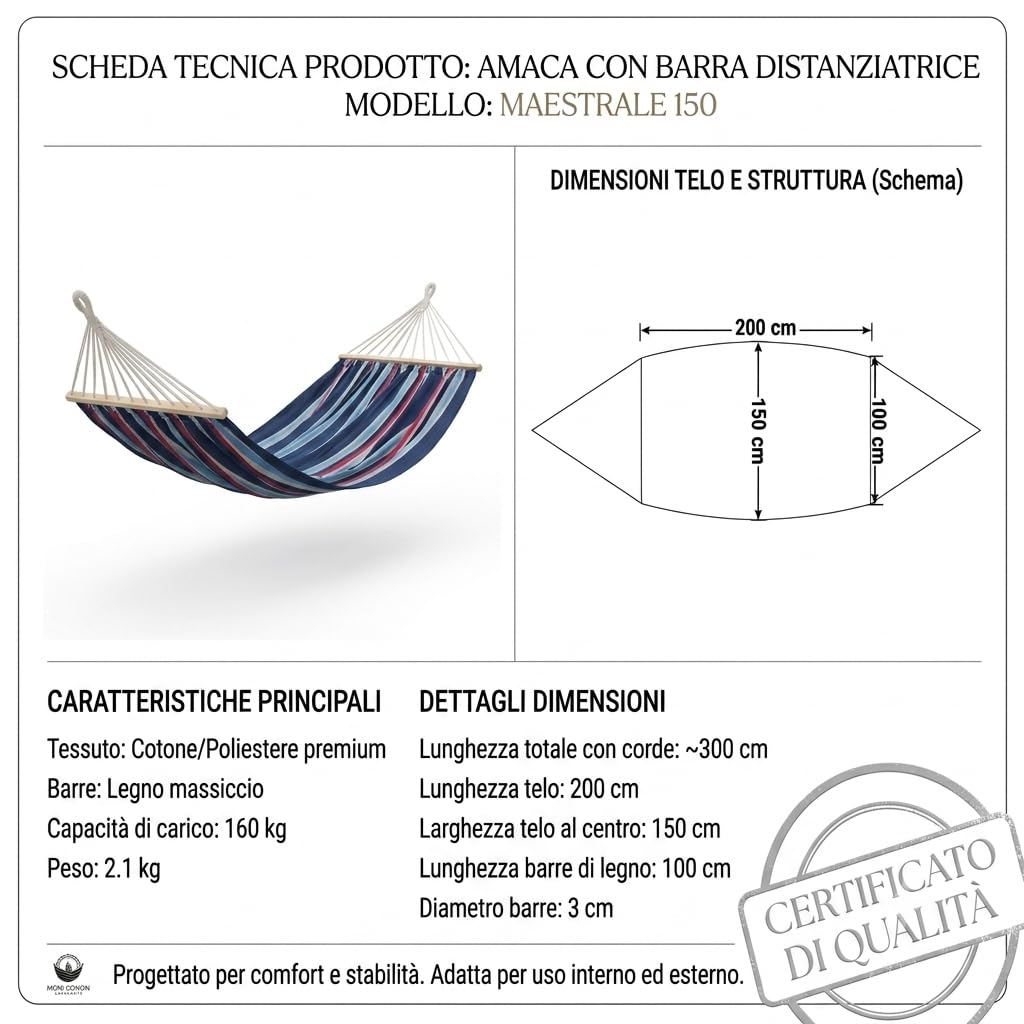 Amaca doppia per giardino in cotone 280 g/mq con asse in legno 200x150 Cm