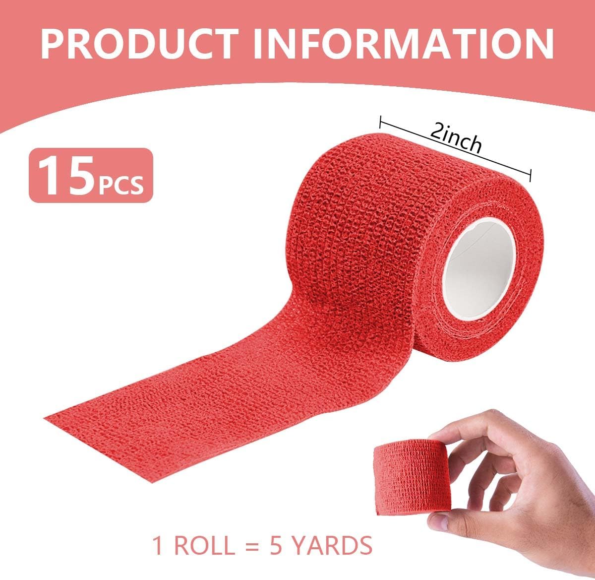 15 Pack 2 Inch x 5 Yards Red Self Adhesive Bandage Breathable Cohesive Bandage Wrap Rolls Elastic Self-Adherent Tape for Stretch Athletic, Sports, Wrist, Ankle - Image 2