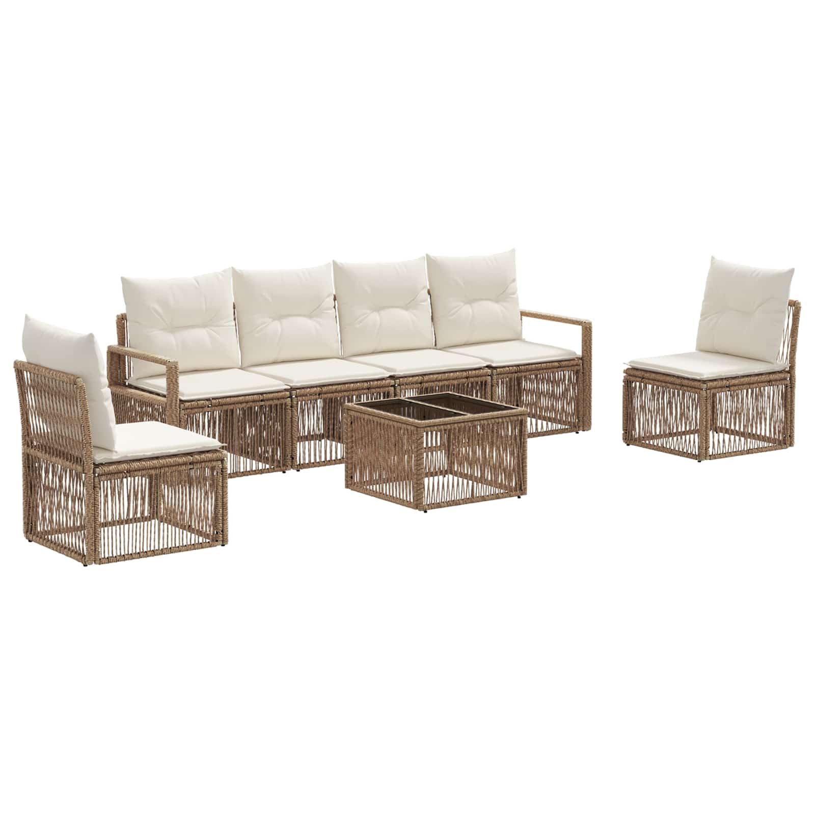 Set di 7 divani da giardino in polyrattan con tavolo, beige | Salotto modulare in polyrattan per terrazza e giardino, con cuscini e robusto telaio in acciaio