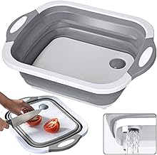 مجموعة سلة تخزين ولوح تقطيع سيليكون متعدد الوظائف قابل للطي مع فتحة تصريف وسلة تخزين بمصفاة طعام 3 في 1 موفرة للمساحة