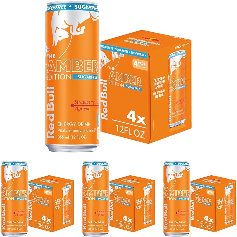 Red Bull Amber Edition Sugar Free Energy Drink, Strawberry Apricot, with 114mg Caffeine plus Taurine & B Vitamins, 12 Fl Oz, Pack of 16 Cans