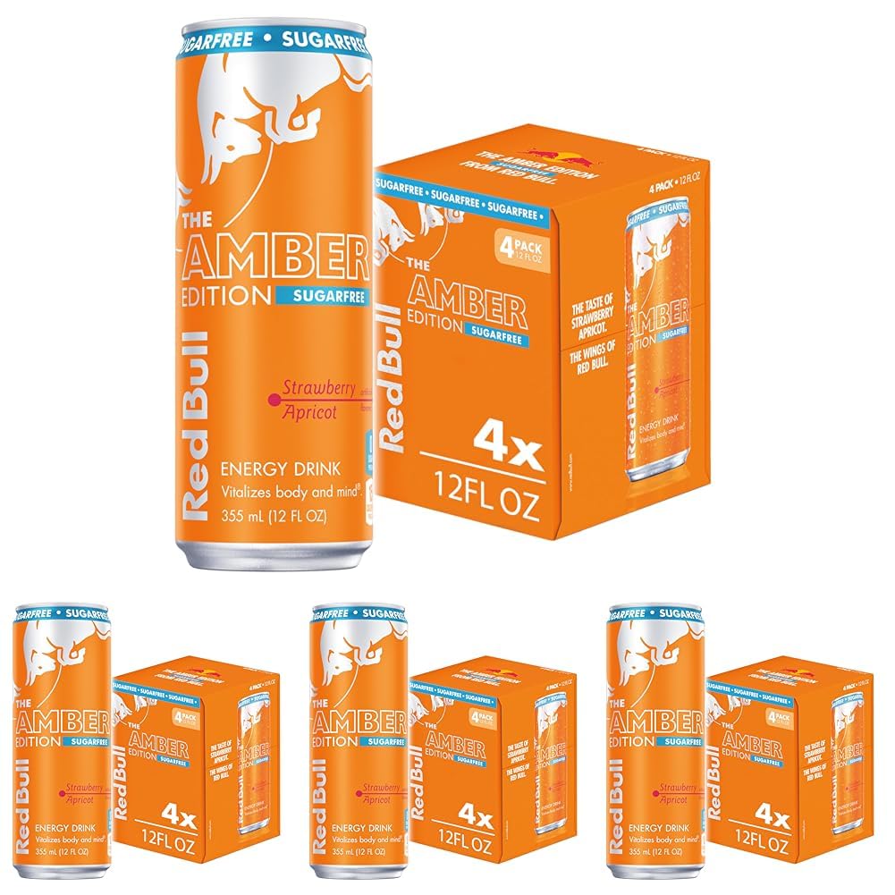 Red Bull Amber Edition Sugar Free Energy Drink, Strawberry Apricot, with 114mg Caffeine plus Taurine & B Vitamins, 12 Fl Oz, Pack of 16 Cans