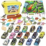 Einfach zu Spielen: Keine Batterien erforderlich, ziehen Sie das Auto einfach zurück und es bewegt sich vorwärts. Oder setzen Sie den Rennwagen auf den Speed Launcher, drücken Sie den Knopf und sie bewegen sich. Kinder können ihre Lieblingsauto- und Dinosaurierszenen auf der Spielmatte erstellen.