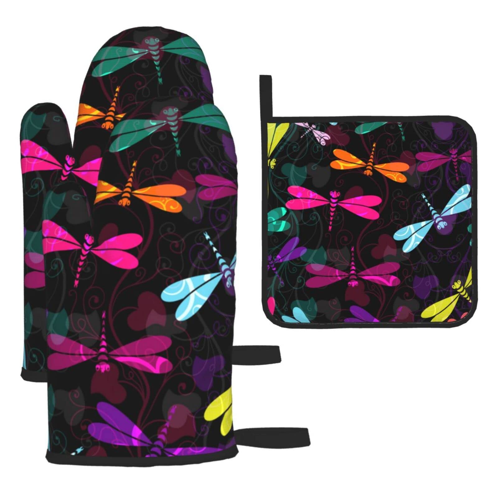 Cute Dragonfly Printed Kitchen Baking Three-Piece Heat-Resistant Thick Cotton Oven Gloves for Cooking and Baking.