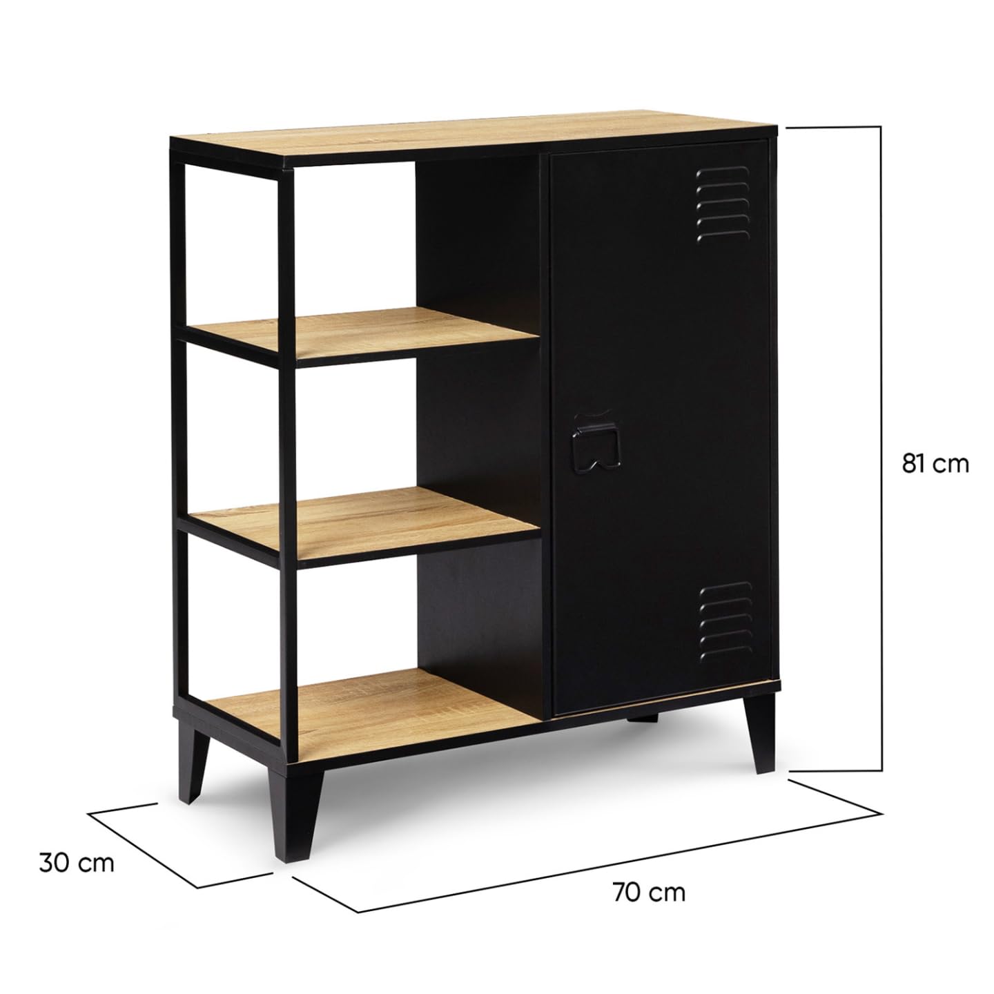 IDMarket - Aparador con 3 estantes y armario de metal negro y tapa de madera de 70 cm, diseño industrial