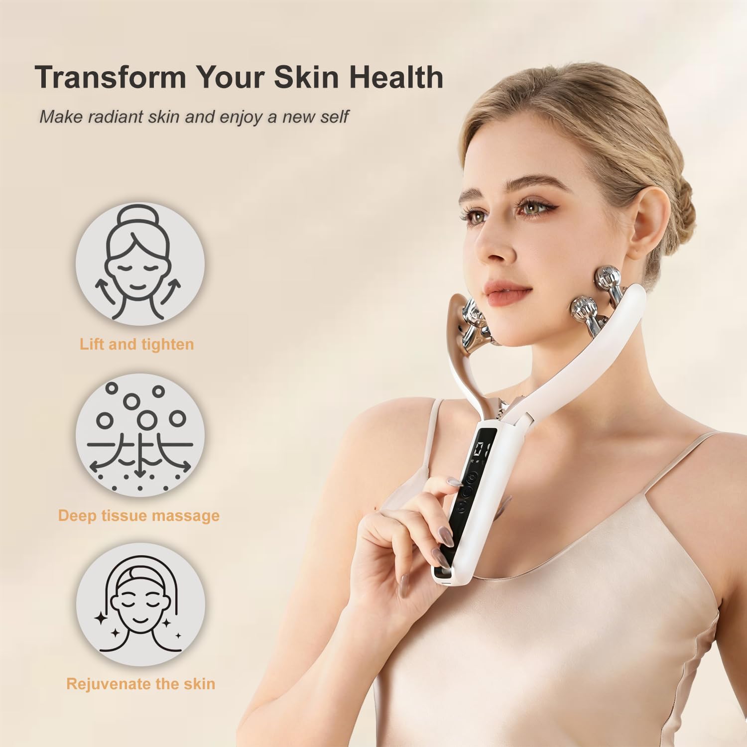 Masajeador facial con rodillo 3D, herramienta de drenaje linfático para masaje de cara, brazos, piernas y cuello, contorno linfático, cepillo facial y reductor de barbilla doble (blanco)