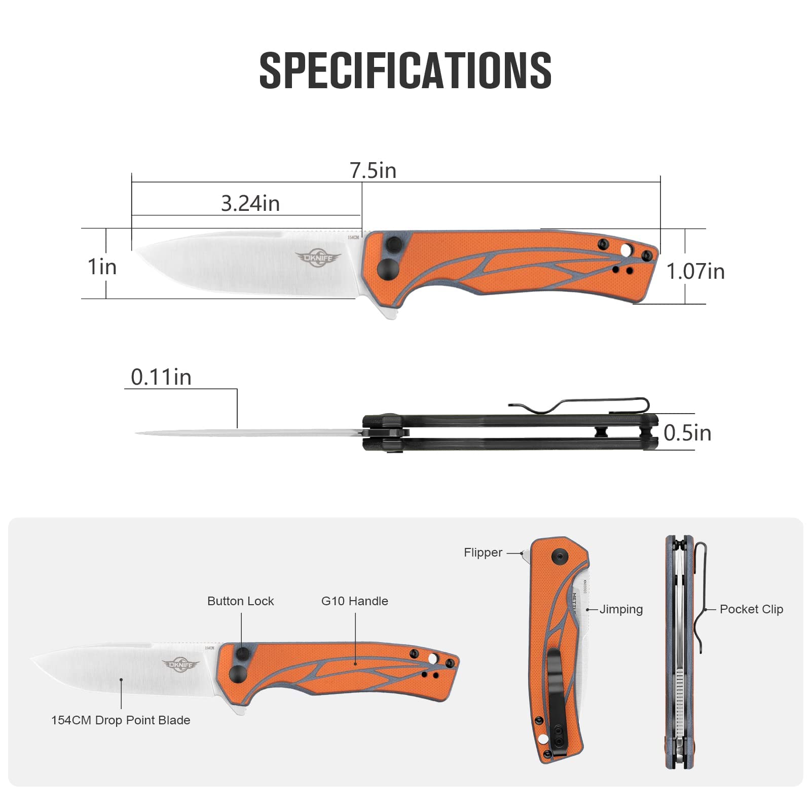 OKNIFE Mettle scyzoryk z ostrzem (82,3 mm) 154 cm stalowym i przyciskiem blokującym G10 i uchwytem kieszonkowym, na polowanie, kemping, przetrwanie (pomarańczowy)