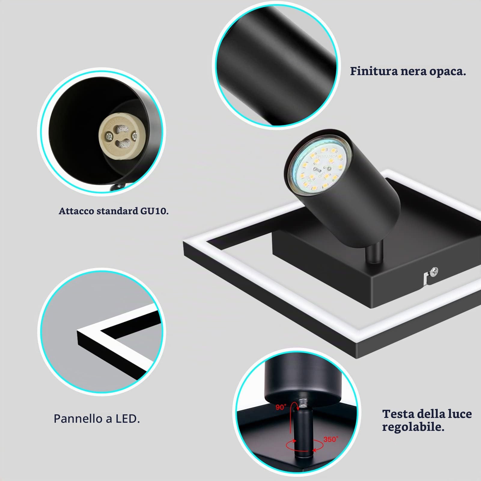 Plafoniera LED nero, faretto da soffitto GU10 18 W, faretto da soffitto a 1 luce, orientabile, faretto da parete, lampada moderna per cucina, corridoio, camera da letto, con lampadina GU10 da 5