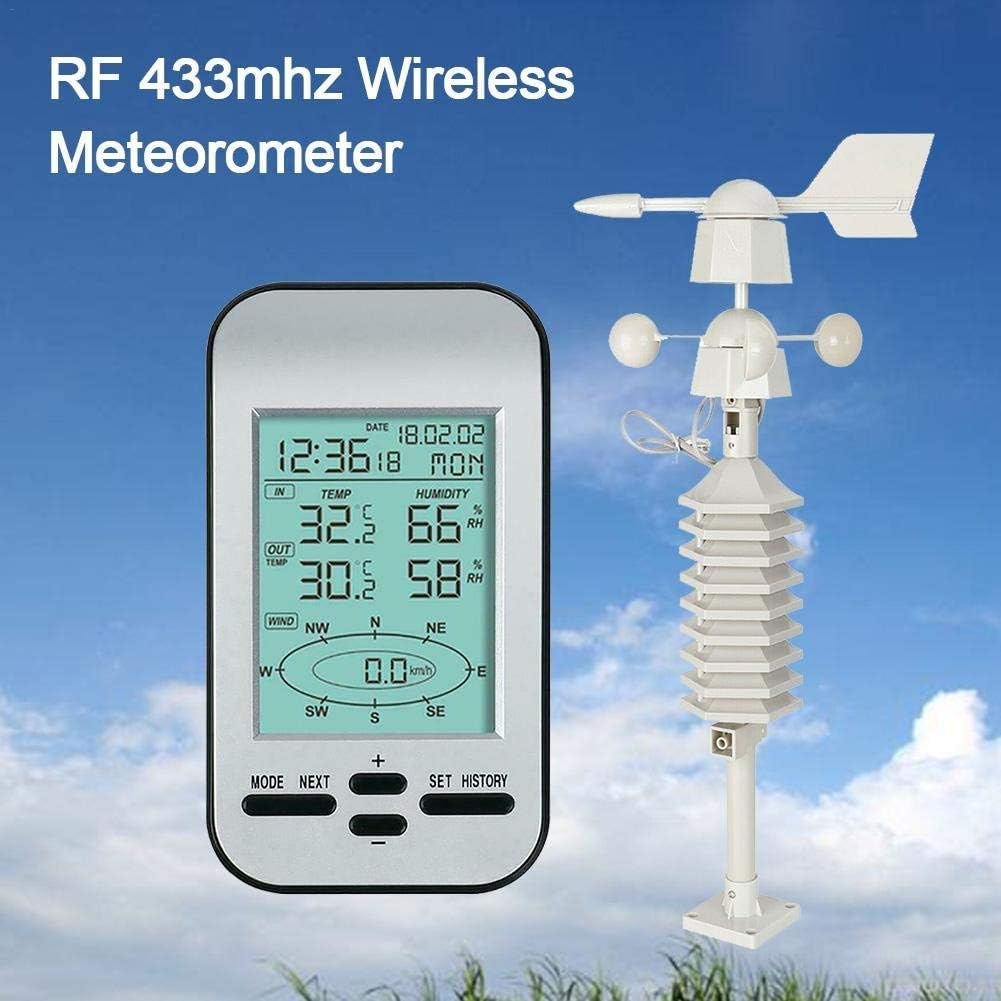 BLK Wireless Weather Station - RF 433mhz Wireless Weather Station Clock Digital Thermometer Wind Speed Direction Sensor Temperature (Color : Natural)