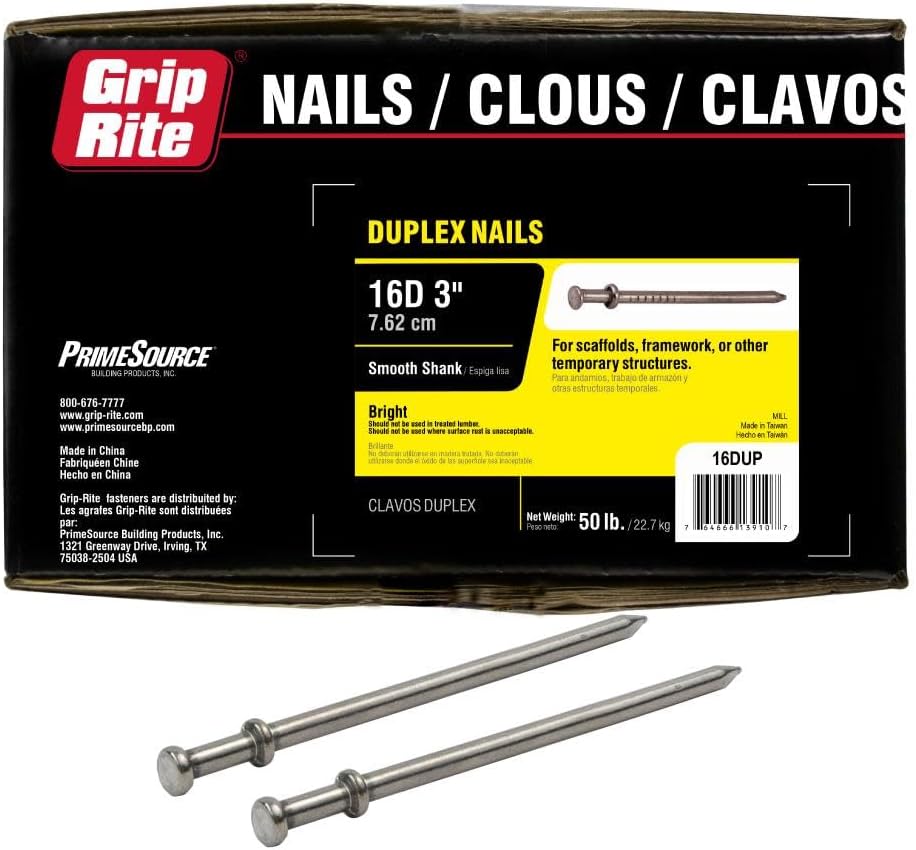 Grip Rite 3-1/2-inch 8-Gauge (3-inch Length top 9/32-inch Lower 11/32-inch, Size, No Color 16DUP 16D Duplex Nail with Brite Shank, Double-Head, 50 Pounds
