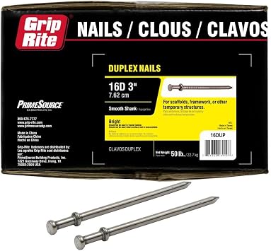 Grip Rite 3-1/2-inch 8-Gauge 3-inch Length top 9/32-inch Lower 11/32-inch, Size, No Color 16DUP 16D Duplex Nail with Brite Shank, Double-Head, 50 Pounds