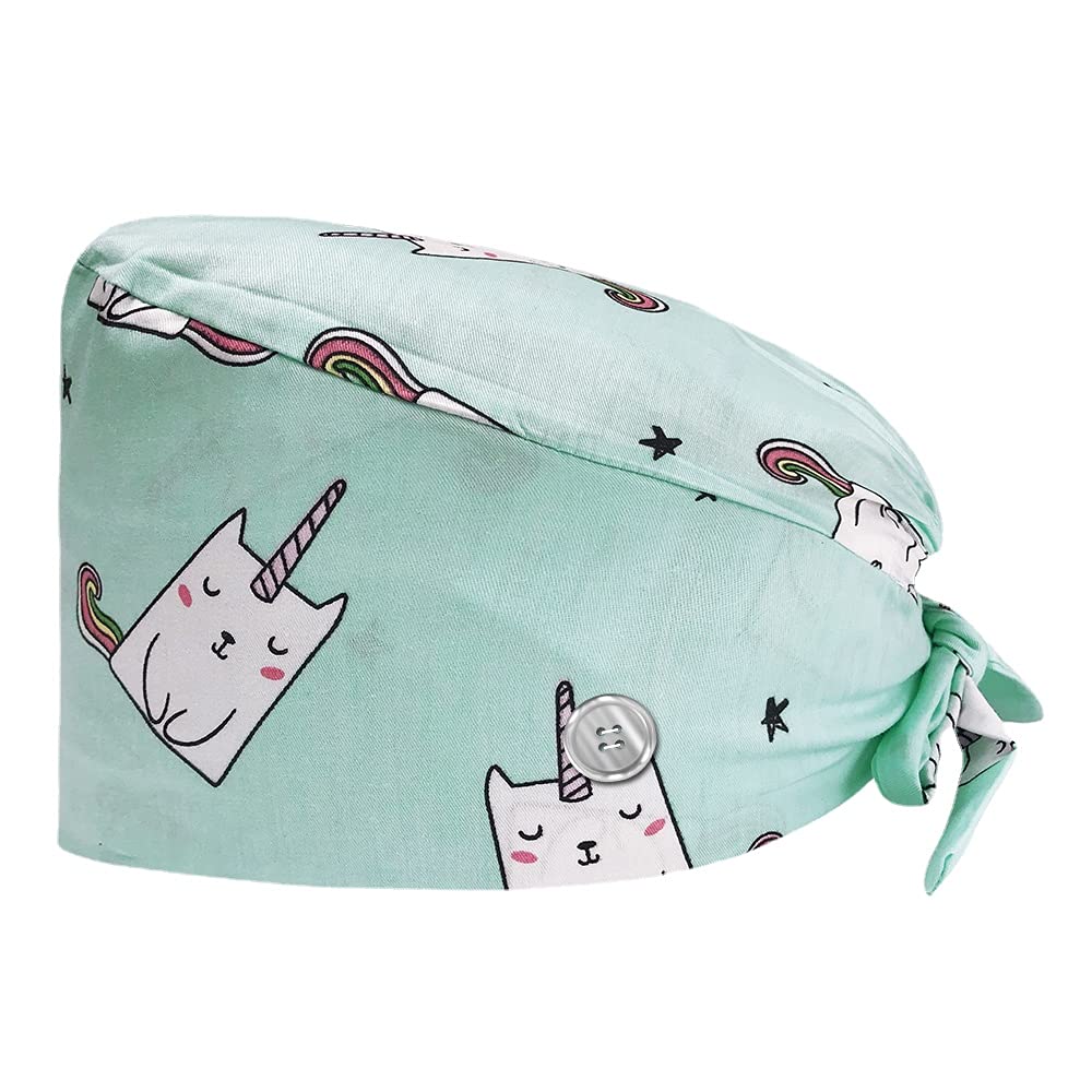 Adjustable Working Cap with Button, Scrub Cap with Sweatband, Elastic Bandage Hair Tie Back, Turban Hat for Women Men, One Size (12137)