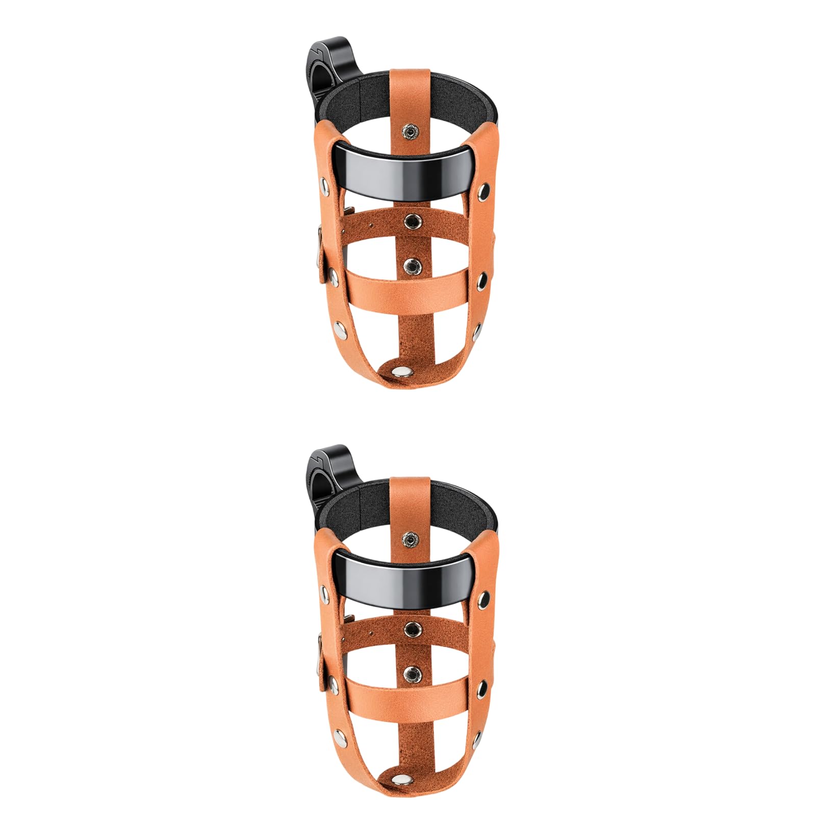 Getränkehalter für Fahrrad und Motorrad aus Aluminiumlegierung, Schwarze Halterung mit braunem Lederband, für Lenker von 2,1 bis 2,7 cm, passend für E Bike und Scooter