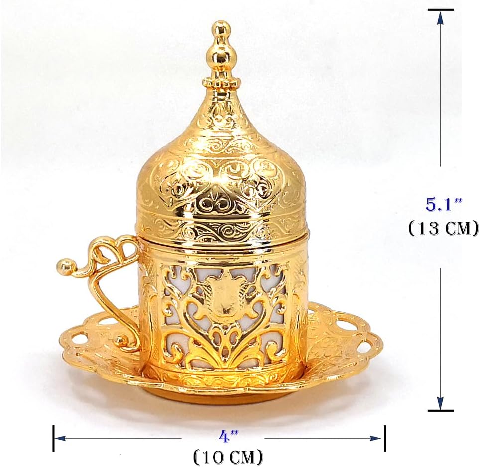 Turkish Coffee Cup with Floral Embossed Copper Shell, Lid, and Saucer, Authentic Greek, Arabic, Espresso Cup (5 Colors) (Gold)