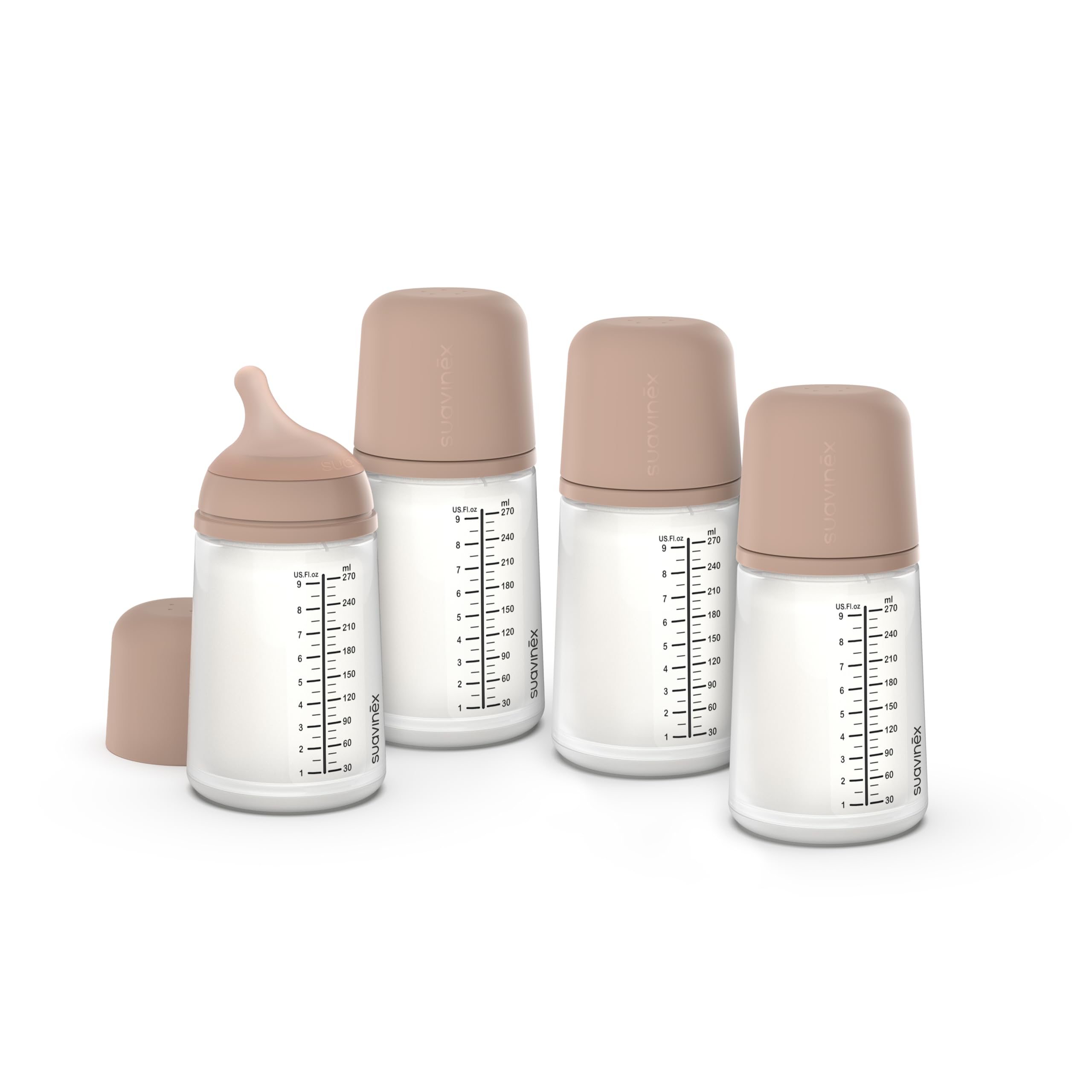 Suavinex, Pack 4 Biberons Anti-Colique Zero Zero 270 ml avec Tétine à Débit Moyen (M) en Silicone, Bébés +3 Mois, Lait Maternel, Poudre et Liquides Densité Moyenne, Compatible Allaitement, Medium