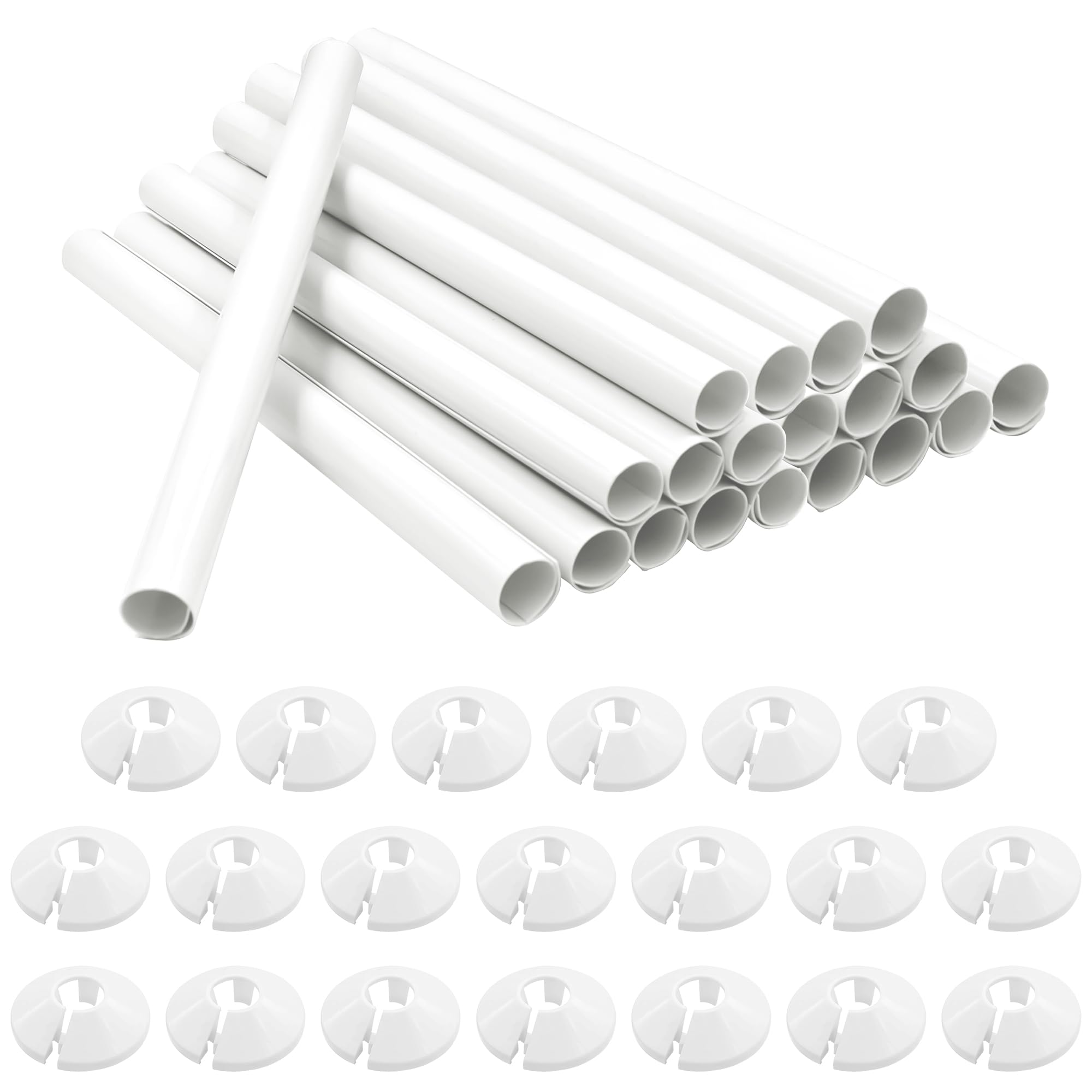Aomaic White 20 Pcs Radiator Pipe Covers And Pipe Collars 200Mm X 15Mm Pipe Snap On Pvc Plastic Radiator Caps 15Mm Pipe Covers Thickened Radiator Sleeves