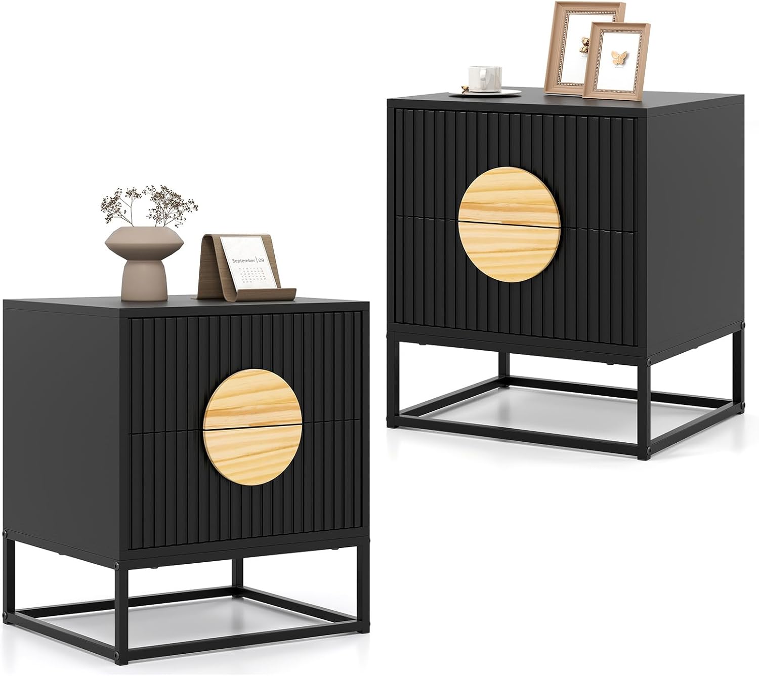 Giantex Fluted Nightstand with 2 Drawers Set of 2, Black Wood Bedside Table with Natural Circle Handle & Metal Frame, Minimalist Accent End Table, Mid Century Modern Night Stand for Bedroom