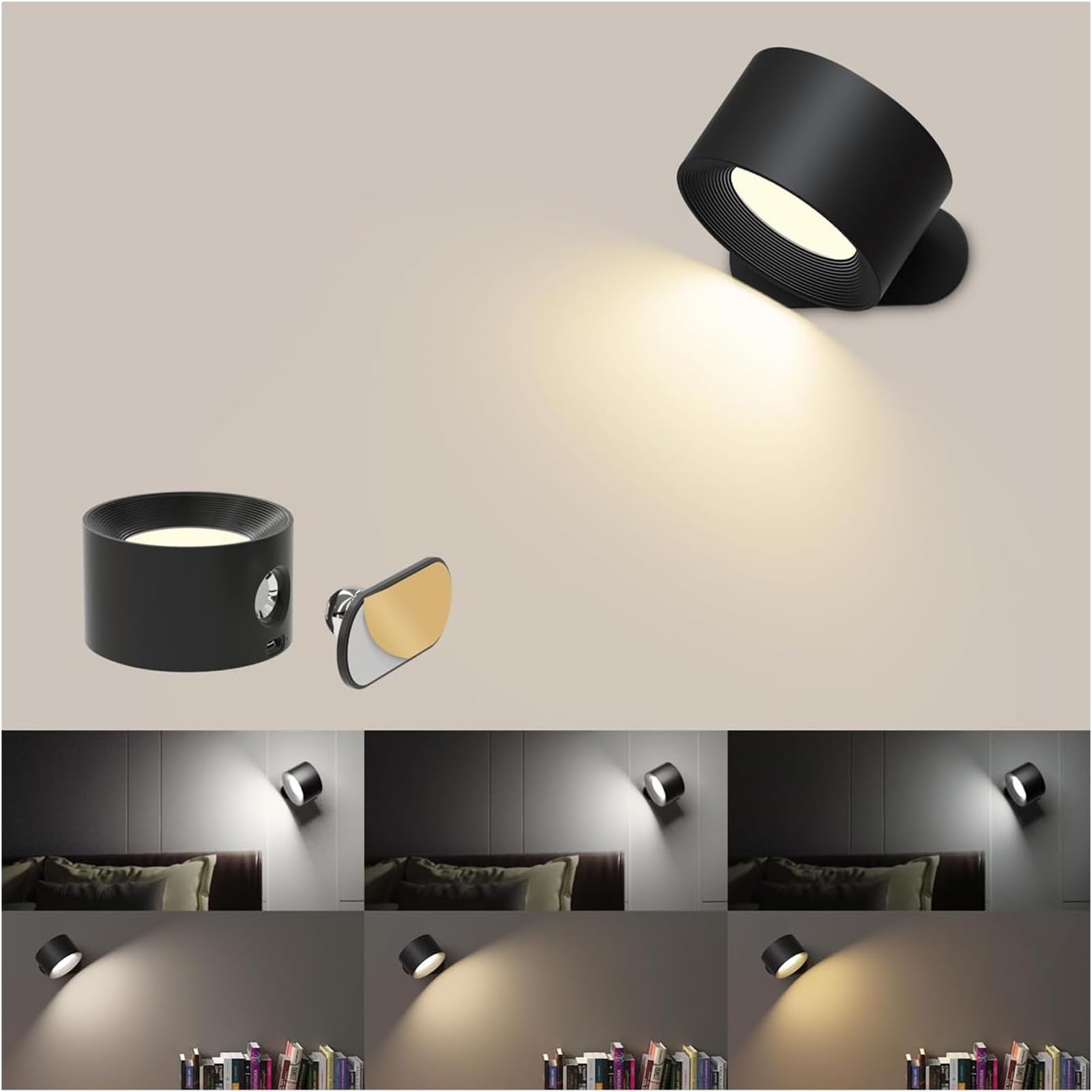 Coollamp LED Indoor Wall Lamp, 1 Pack Bedroom Wall Light with Warm/Natural/White Light, 3 Brightness Levels, Rechargeable Battery, Touch Control, 360° Rotate for Living Room Corridor Stairs, Black — image 1