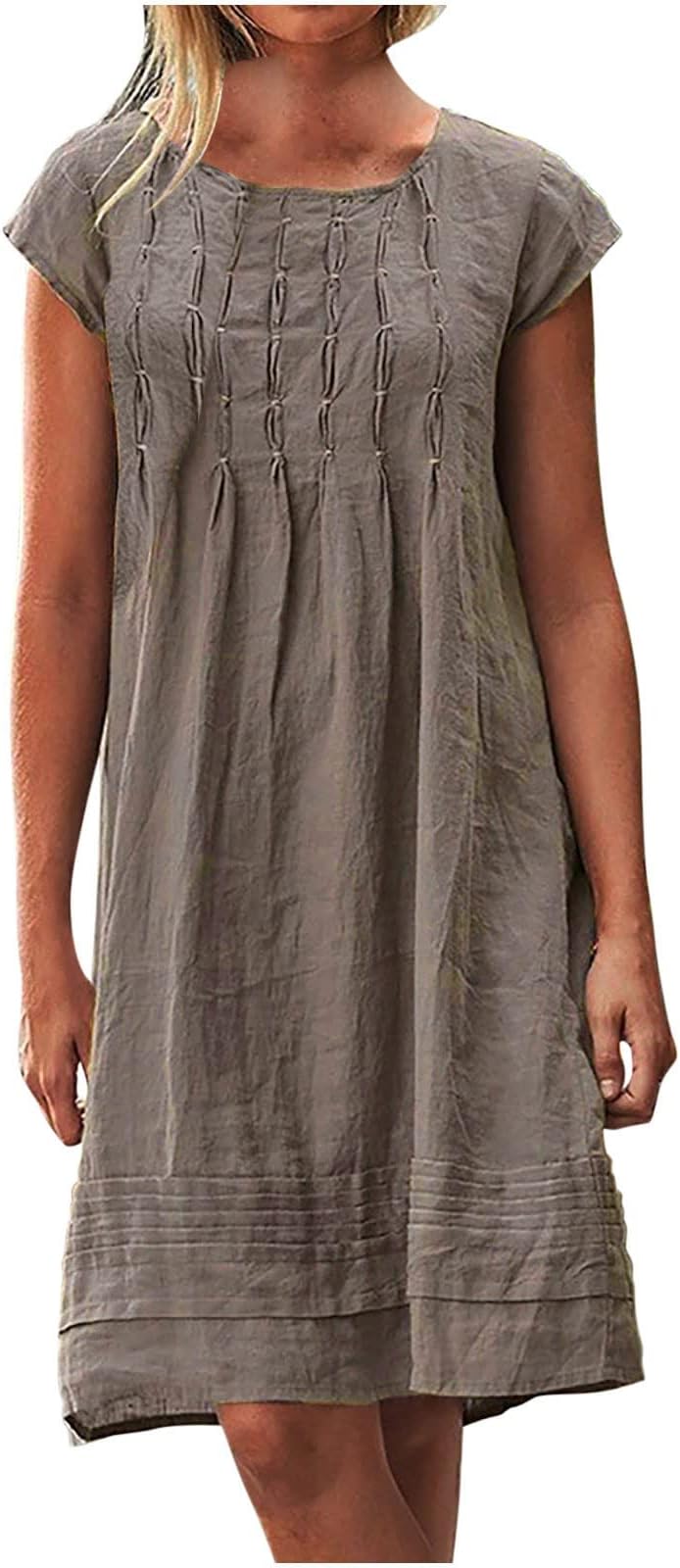Vintage Summer Cotton Linen Dress for Women Casual Short Sleeve Ruched T Shirts Dress Loose Fit A-Line Beach Dress