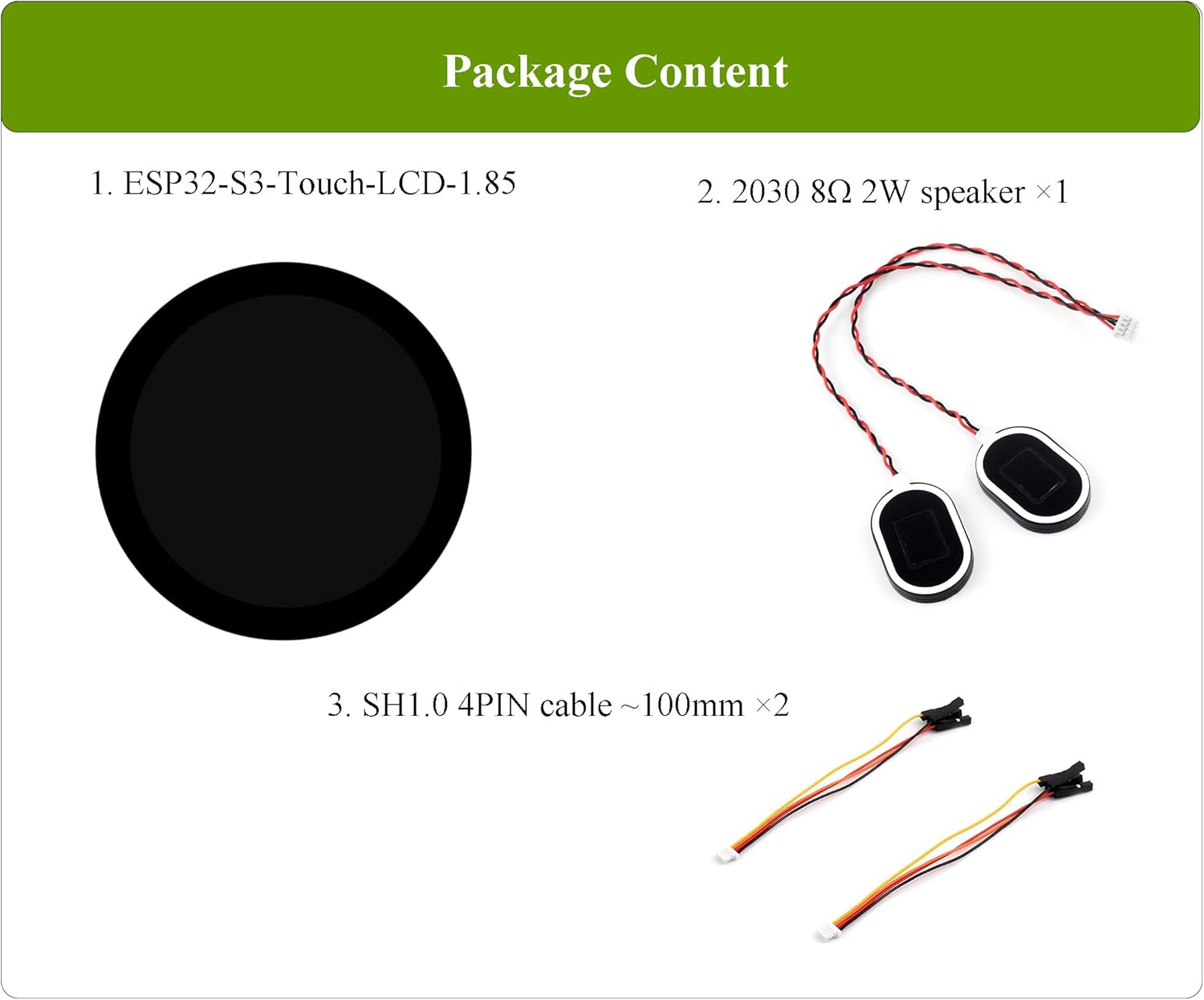 ESP32-S3 1.85inch Touch Display Development Board, 360×360 IPS LCD, Dual-Core Processor Up to 240MHz, Audio Codec, Support Offline Speech Recognition and AI Speech Interaction, with 8Ω 2W Speaker