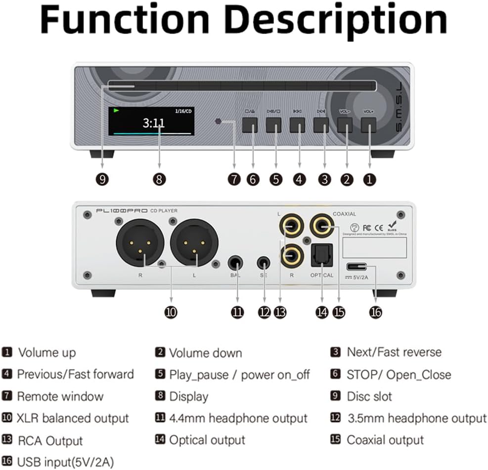 SMSL PL100Pro Multi-Function CD Player 2xCS43131 High-End DAC Chip Supports Lossless MQA Playback XLR 3.5mm&4.4mm Headphone Outp(Black)