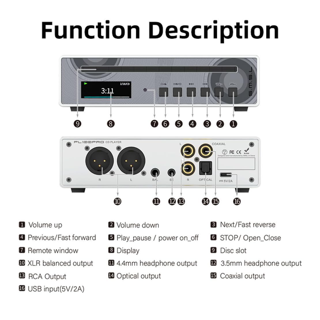 SMSL PL100Pro - Reproductor de CD multifunción 2 chips DAC CS43131 de gama alta compatible con reproducción MQA sin pérdidas XLR de 3,5 mm y 4,4 mm de salida de auriculares (negro)