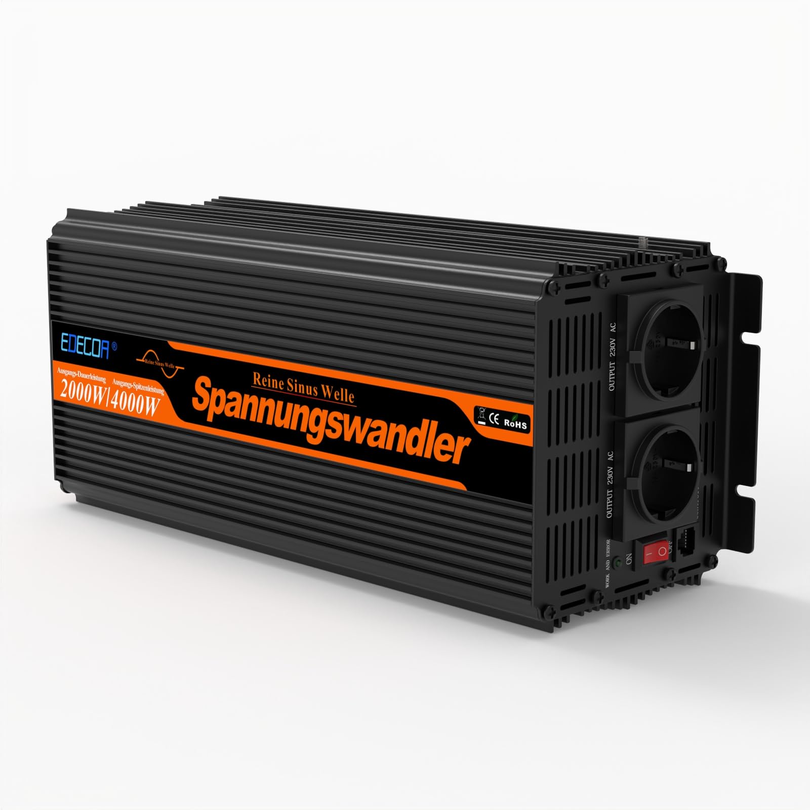 EDECOA 2000 W / 4000 W, inverter a onda sinusoidale pura da 12 V/230 V, potenza nominale 2000 watt, inverter solare da 12 V a 230 V CA con telecomando LCD, Interfacce USB e tipo C disponibili, presa