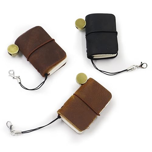 3 Colors Mini Size with Leather Cover and Strap, Refillable Personalized Tiny Travel Journal 1.9 x 1.3in(4.8 x 3.2cm), Blank Pocket Diary (Black,