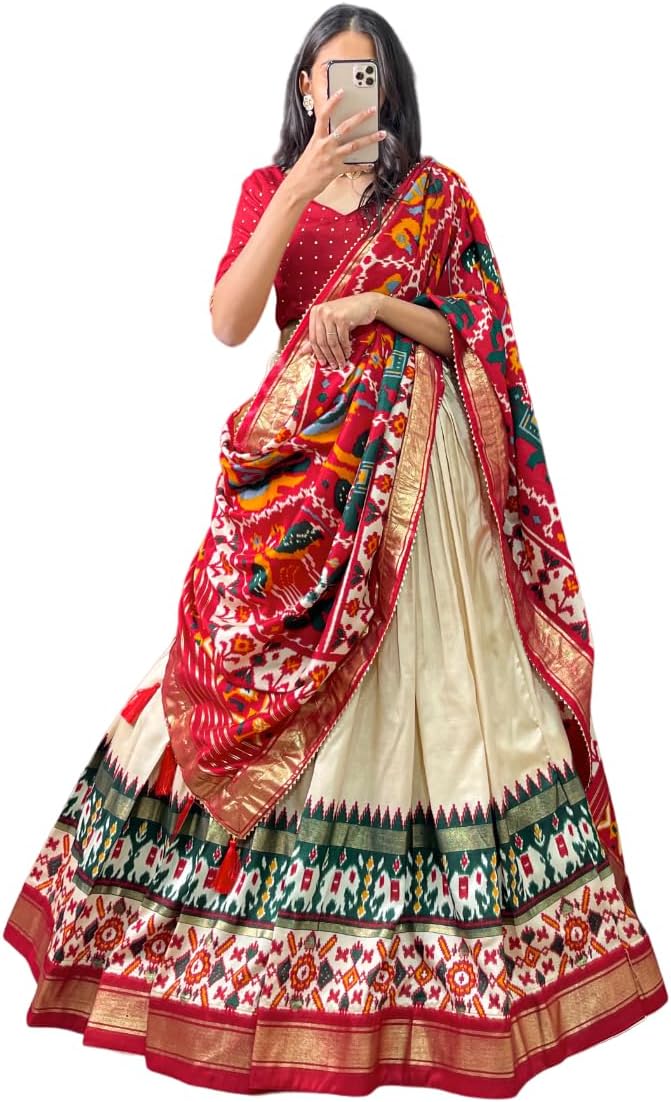 Women's Tussar Silk Lehenga Choli Patola Print with Foil Work With Blouse Solid