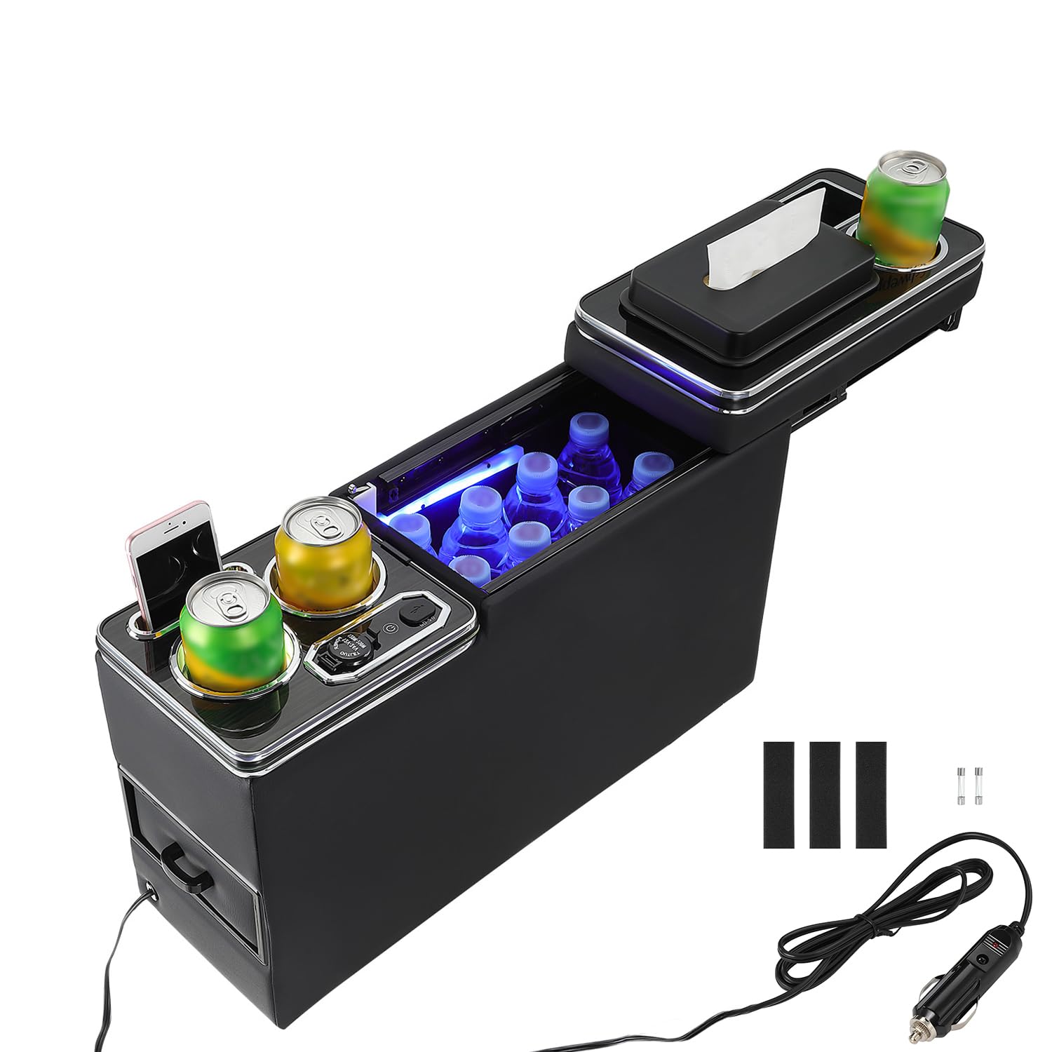 GEARMONSTER Mittelkonsole mit USB Aufladestation und Getränkehalter für VW T4 T5 T6 T6.1 T7 | 7-farbige Ambientebeleuchtung, Schwarzes Kunstleder mit Chrom-Zierleisten, Zigarettenanzünder, Praktischer Taschentuchhalter