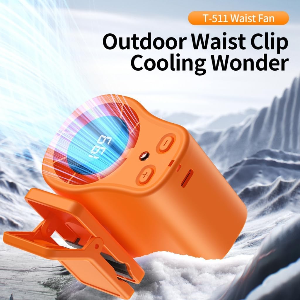 Portable Waist Fan USB Rechargeable Cooling Fan with LED Digital Display for Outdoor Working, Hiking, Fishing