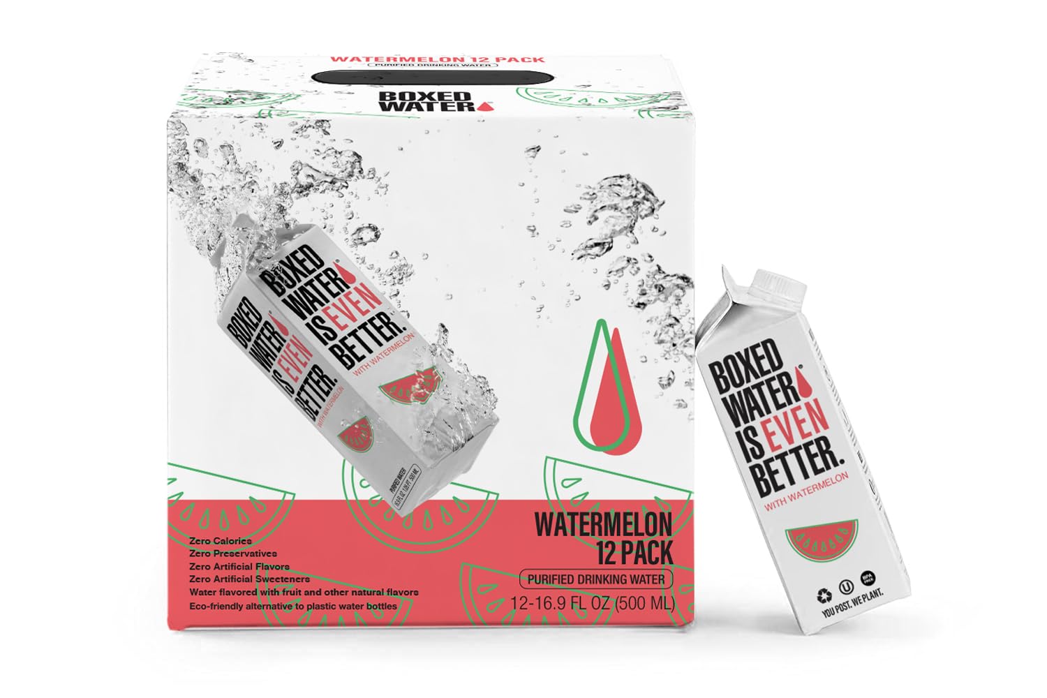 Boxed Water 16.9 oz. (12 Pack) Watermelon Flavored Water - Purified Drinking in Boxes – Zero Calories & Sugar Free, More Sustainable than Premium Plastic Bottled