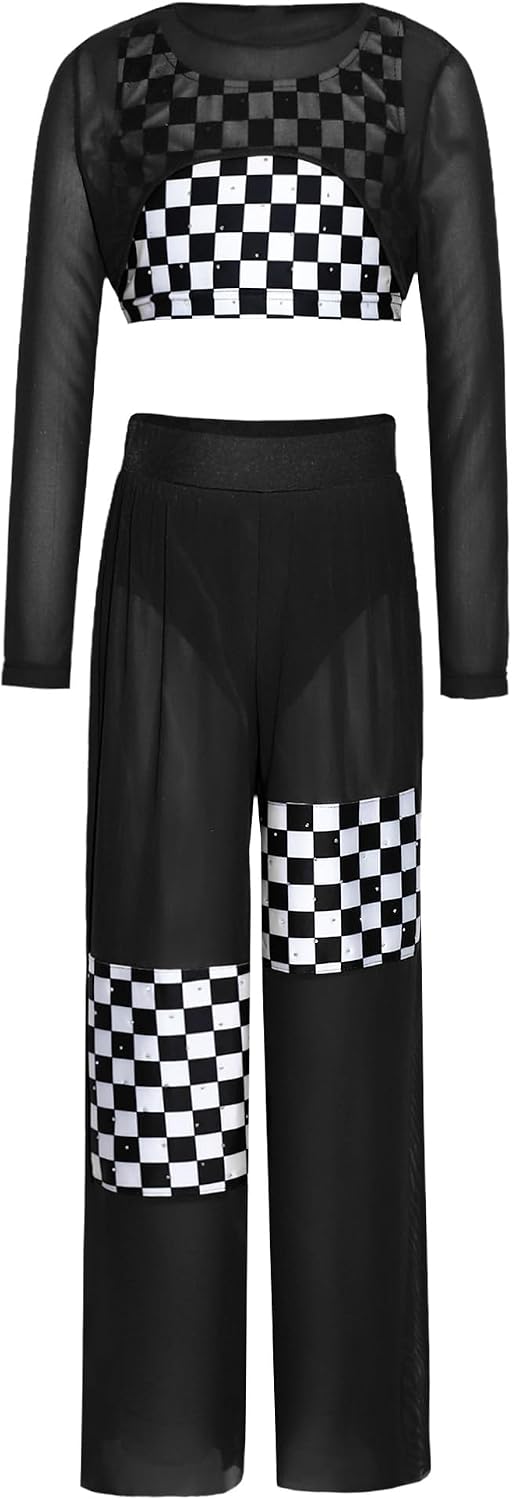 Sxiwei Girls Rhinestone Checkerboard Print Vest with Mesh Crop Top and Pants Set Streetwear for Stage Performance Black 12 Years