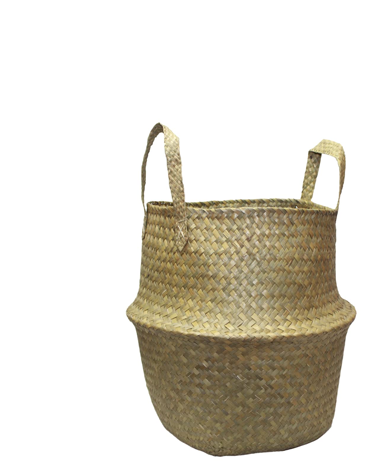 Muddy Hands Seagrass Belly Basket with Handles Natural Woven Foldable Laundry Storage Bag Planter Plant Pot Cover Holder (Small - 20x23cm)