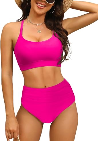 Womens High Waisted Bikini Sets Sporty Scoop Neck Cross Back Bathing Suit Two Piece Swimsuits for Women