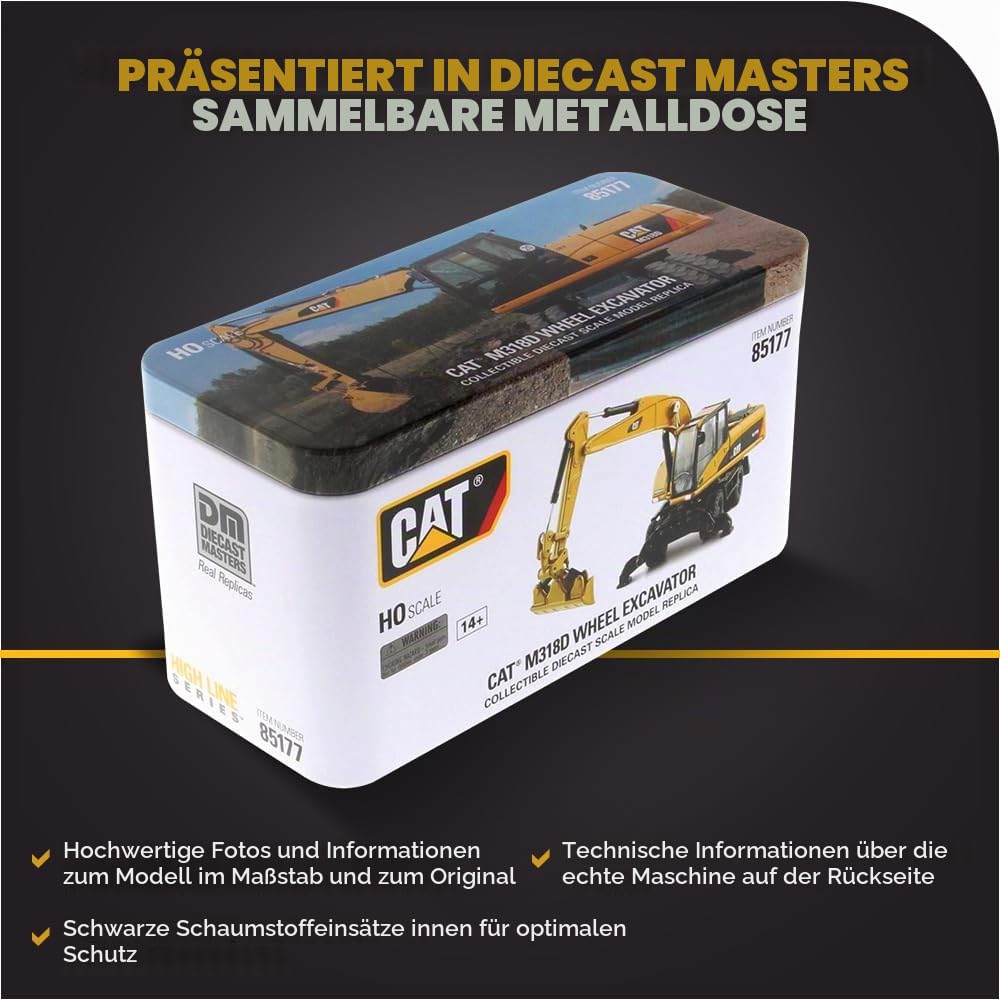 Diecast Masters 1:87 HO Scale Model Cat M318D Wheel Excavator, 85177 | Detailgetreues CAT Baufahrzeug in Metallbox, ca. 10,7 x 4,2 x 4,9 cm, ab 14 Jahren, für Sammler, 85177