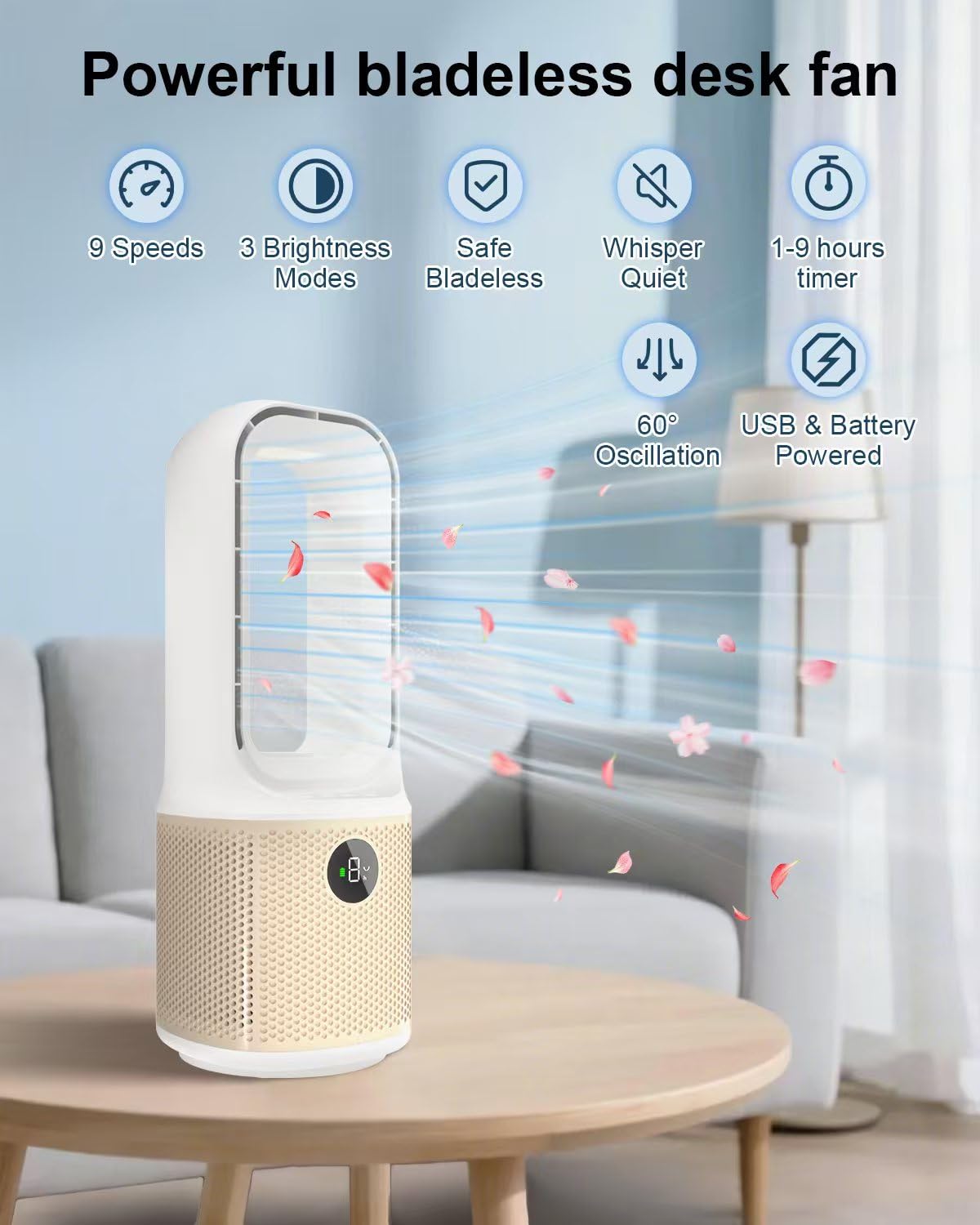 Ventilador de computadora, ventilador de refrigeración alimentado por USB sin aspas de 14 pulgadas, pequeño ultra silencioso con 9 velocidades y 3 modos de luz LED, oscilación de 60°
