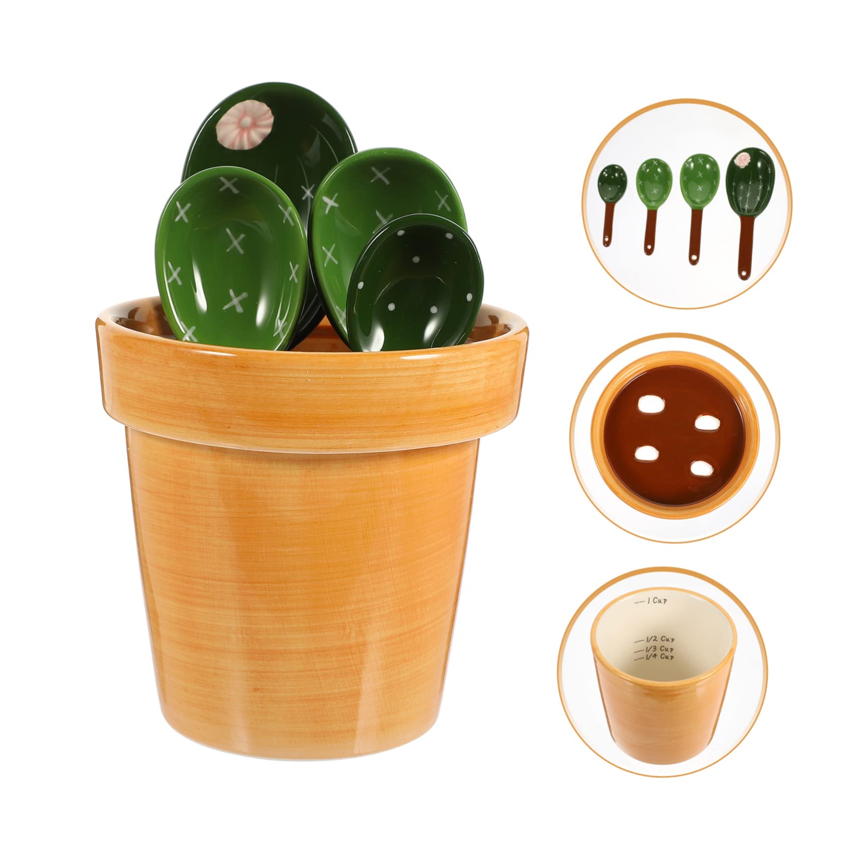 PRETYZOOM Juego de Cucharas Medidoras Forma de Cactus y Maceta de Cerámica Capacidad 290ml, Soporte para Ingredientes Secos y Líquidos en Cocina