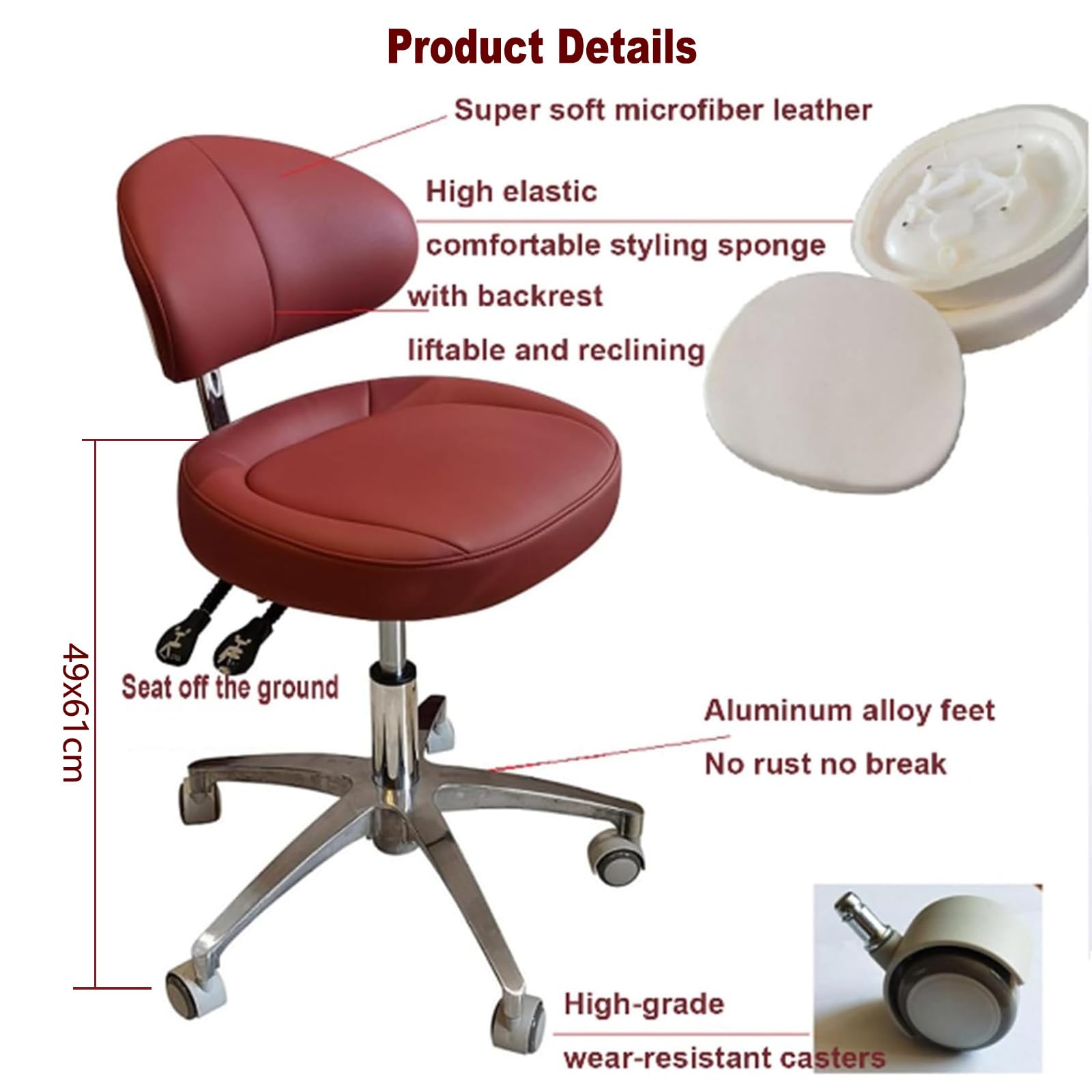 Silla móvil giratoria de 360°, taburete de cuero de microfibra ajustable en altura para clínicas dentales, oficinas y laboratorios