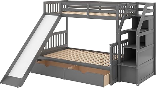 Miniatura 4 de JIVOIT Litera individual sobre matrimonial con cajones escalera deslizante y almacenamiento litera de madera con barandilla alta y escalera para