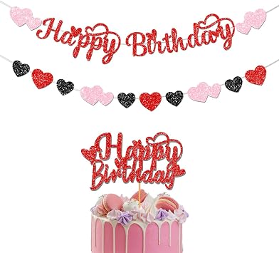 Glitter Happy Birthday Valentines Decorations Banner Red Pink Valentine Party with cake topper for Valentines Decor
