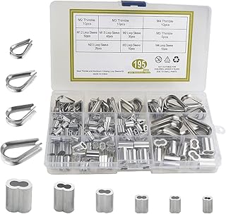 XINGYHENG 195Pcs 304 Stainless Steel M2/3/4/5 Wire Rope Cable Thimbles and 1.2-4mm Aluminum Crimping Loop Sleeve Assortment Kit for Wire Rope Cable Thimbles