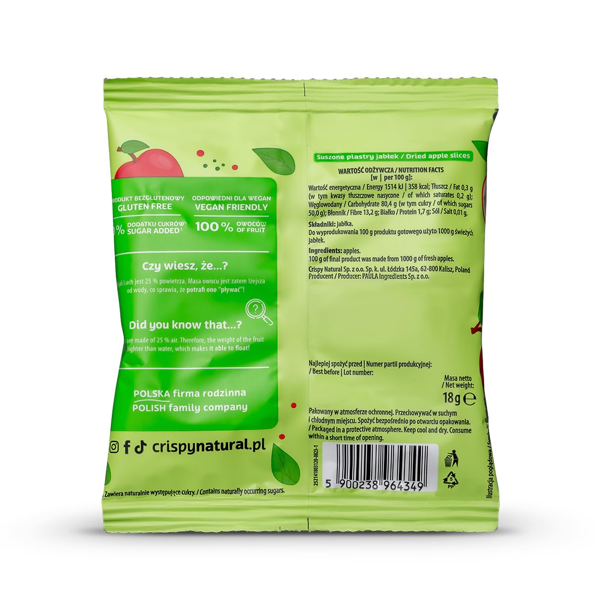 Crispy Natural Chips di Mele 24x18 g. Chips di Frutta Essiccata, Naturalmente Croccanti. Uno Snack Sano Senza Aggiunta di Zucchero, Senza Glutine, Fonte di Fibre. Confezioni Pratiche