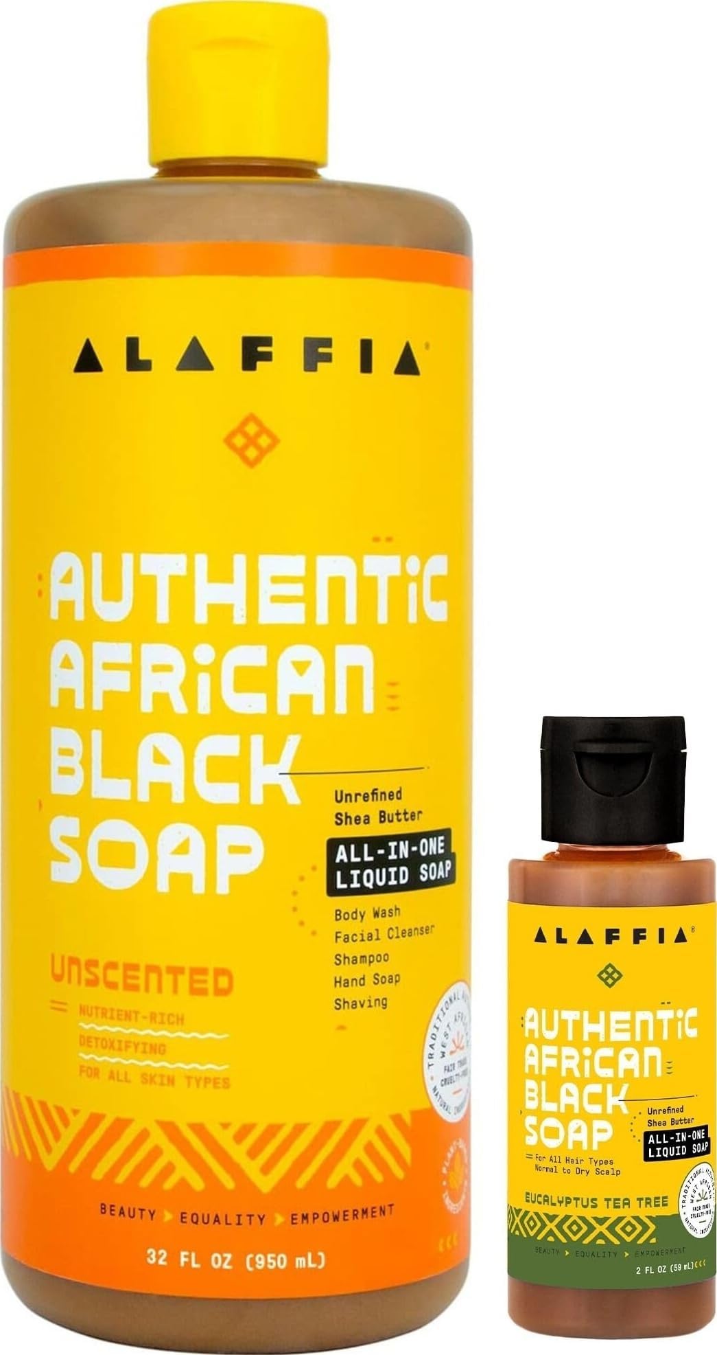 Alaffia All-in-One African Black Soap, Unscented, 32 Oz + Travel Tea Tree | All-in-One Liquid Soap with Fair Trade Shea Butter, Unscented Face Wash, Body Wash, Shampoo & Shaving Soap