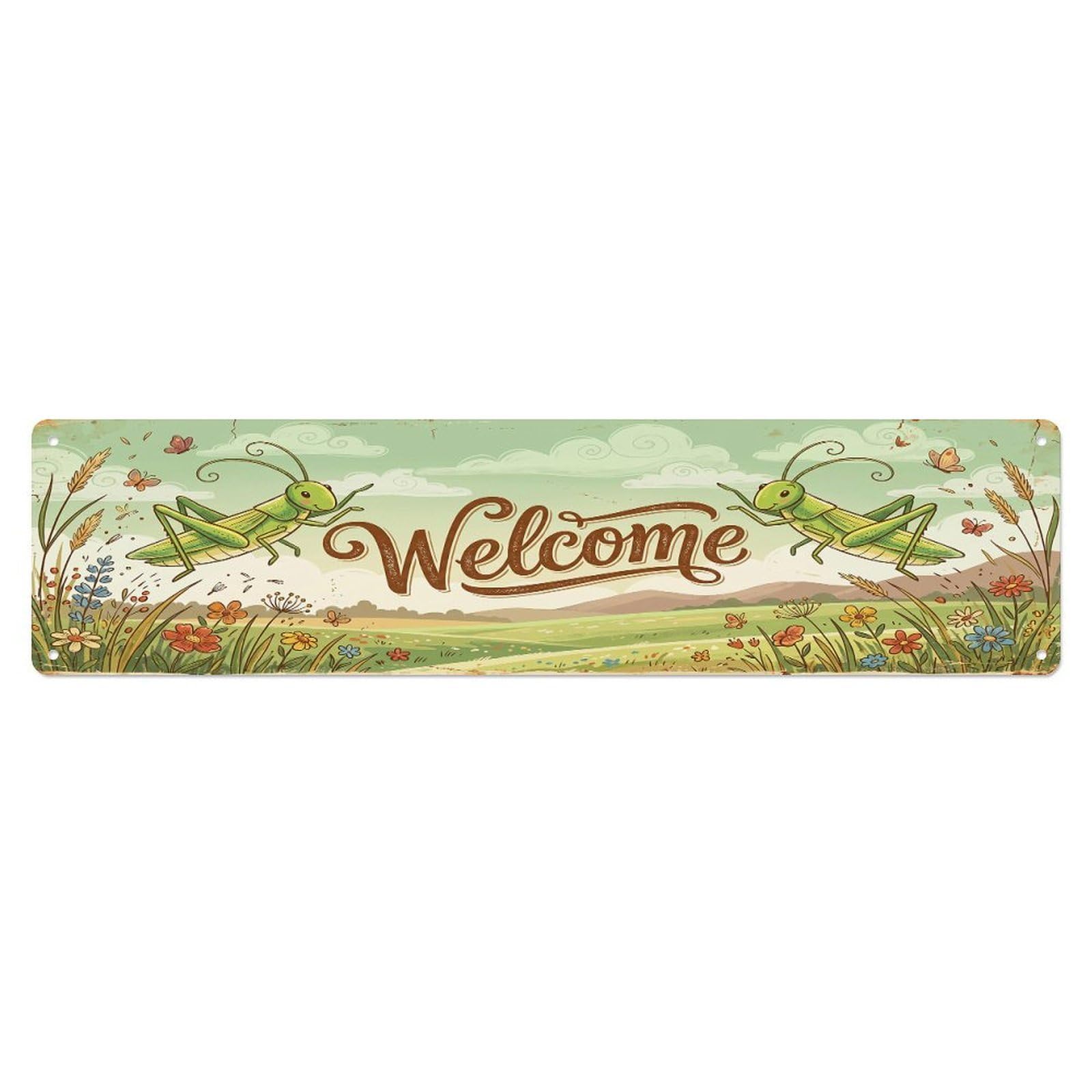 Cxhjca 4X16inch(10X40cm) Vintage Welcome Grasshopper Meadow Metal Tin Sign