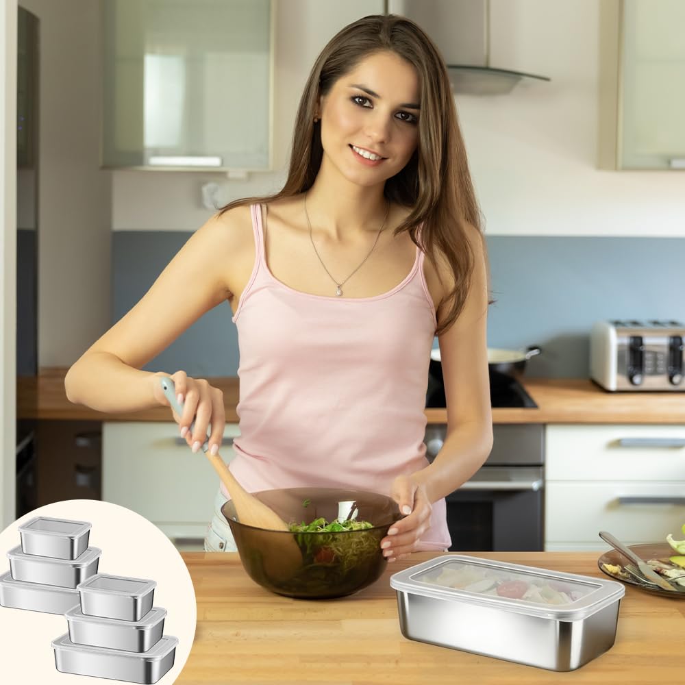 6Pzs Contenitore Acciaio Inox per Alimenti Contenitori per Salumi | Contenitori in Acciaio Inox con Coperchio Impilabili Contenitori con Coperchio Pranzo Acciaio Inox per Carne Verdura Frutta