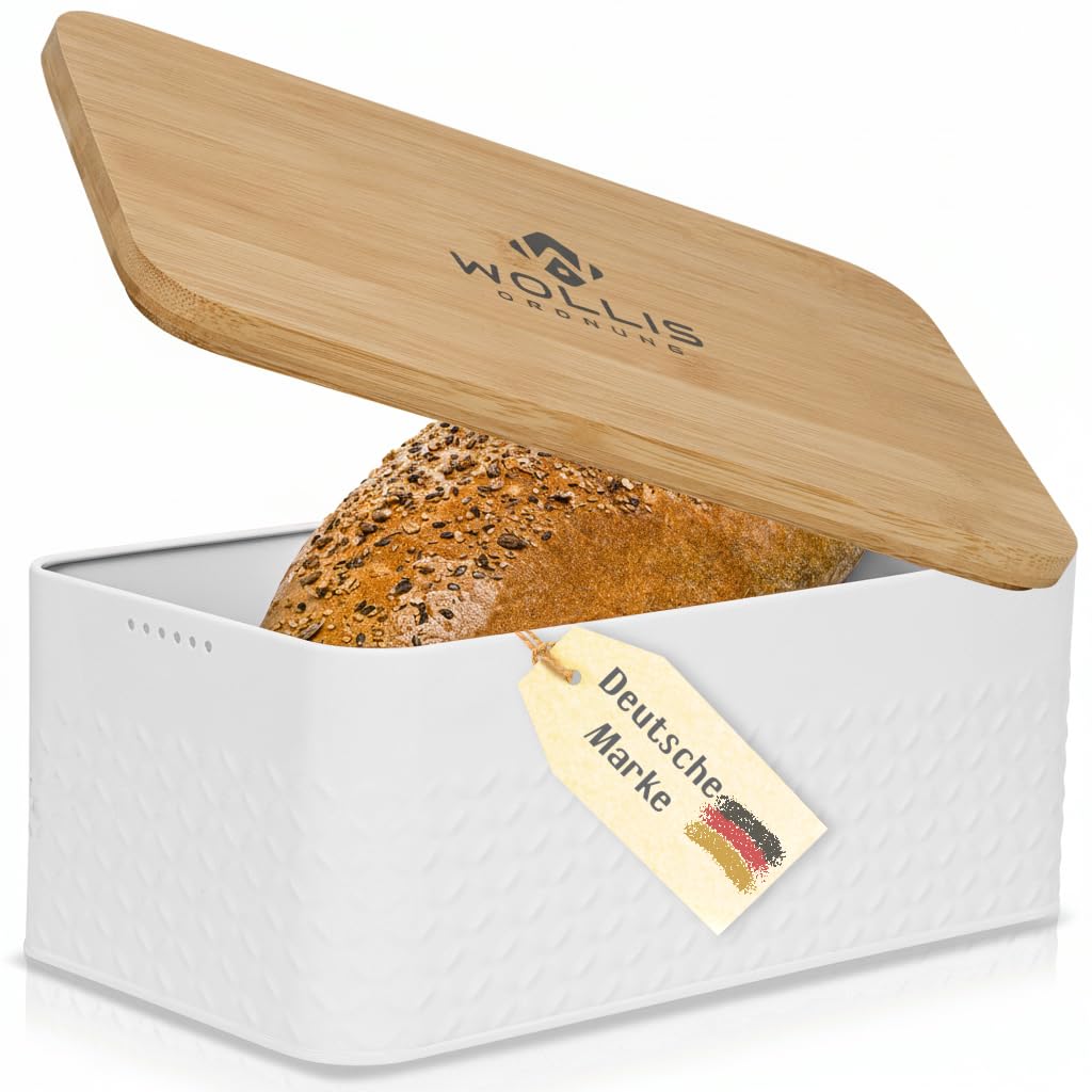 Brotkasten I Brotbox aus Metall mit Leinenbeutel I hochwertiger stabiler Bambusdeckel verwendbar als Schneidebrett I 33x19x13cm (whity)