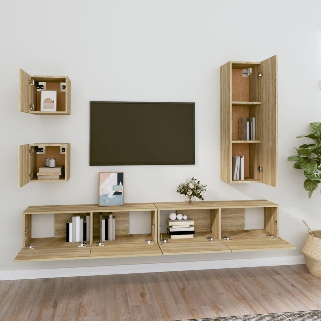 5-TLG. TV-Schrank-Set Sonoma-Eiche Holzwerkstoff, Hängend, Modernes Media-Center für Wohnzimmer, Robustes Wandregal mit Stauraum, Universal TV Stand